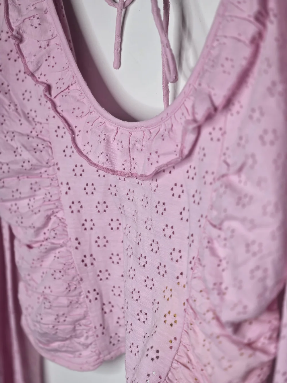 NWT RARE Free People Pink Eyelet Lace Long Sleeve Back Tie Ruffle Top SAMPLE S